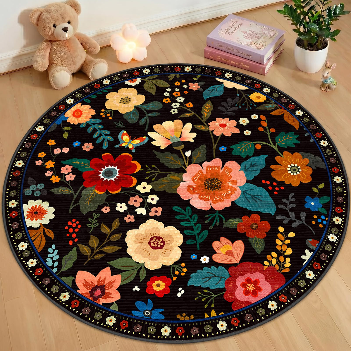 RELEANY Floral Washable 5x7 Area Rugs Black