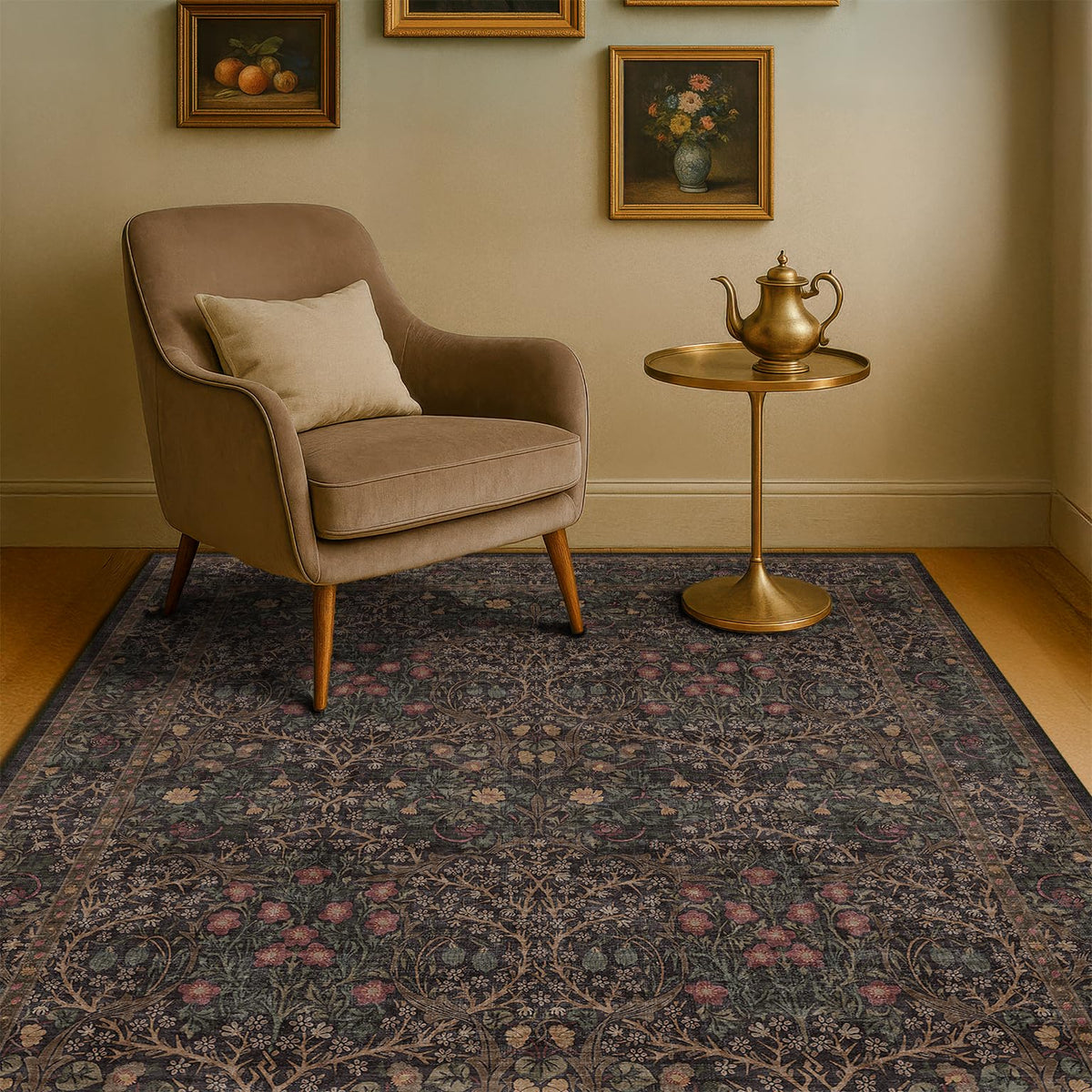 Vintage Floral Dark Green 3x5 Area Rugs for Entryway, Kitchen, Bedroom Beside Rug, Laundry Room, Non-Slip Low Pile Ultra Soft Stain Resistant Small Carpet