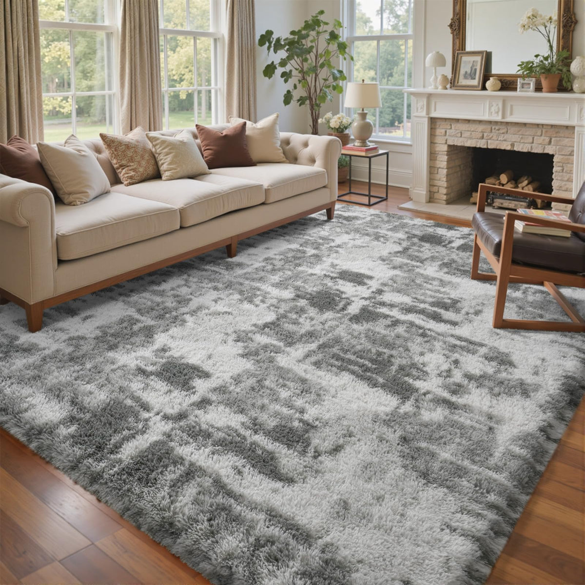 6x9 Ft Large Shag Rugs for Living Room Decor, Tie-Dyed Ultra Soft Fluffy Furry Area Rugs for Bedroom Indoor Floor, Aesthetic Carpet for Kids Home (Dark Grey)
