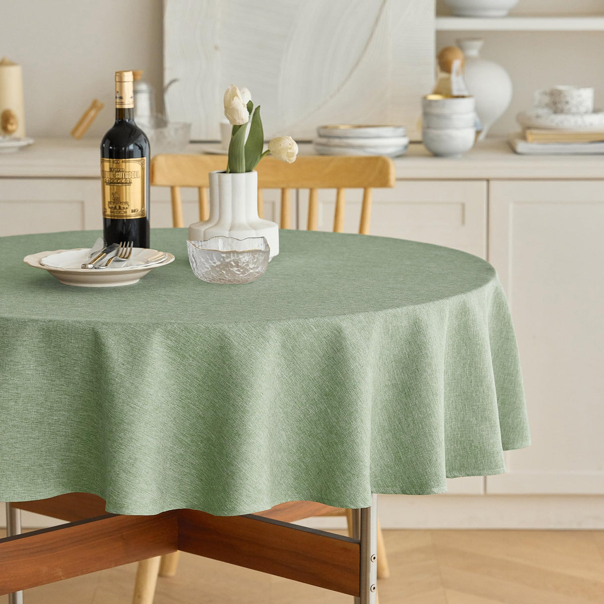 Decorelia Sage Green Linen Textured Tablecloth Rectangular 52 x70 Inch
