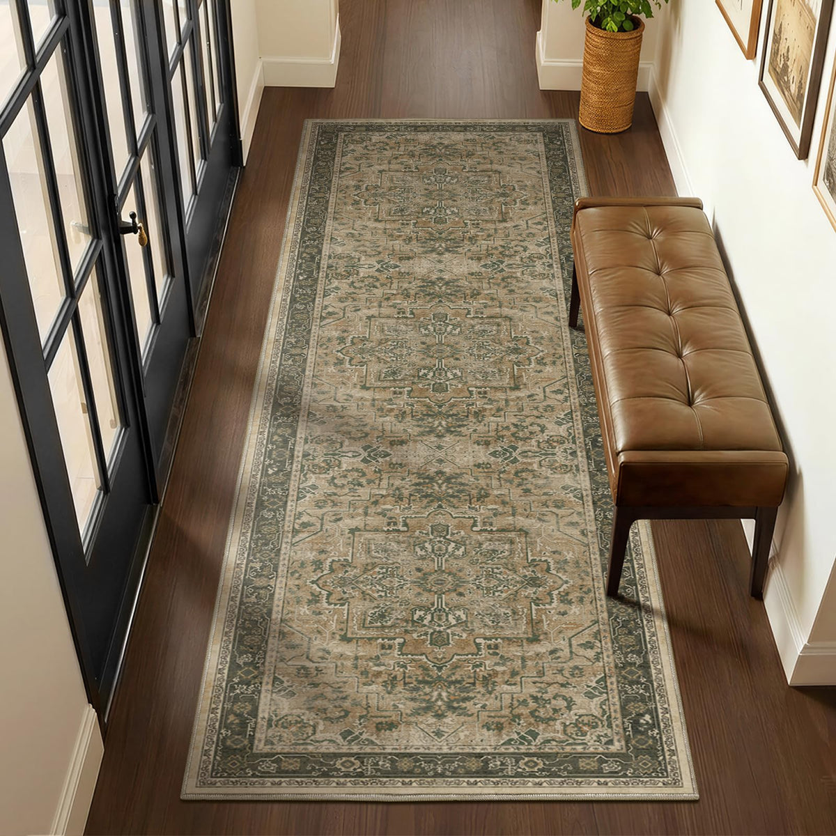 Vintage Dark Green Area Rugs 5x7 for Living Room, Tranditional Distressed Medallion Printed Low Pile Thin Rugs for Bedroom, Non Slip Washable Carpet Rugs for Dining Room/Kitchen/Home Office