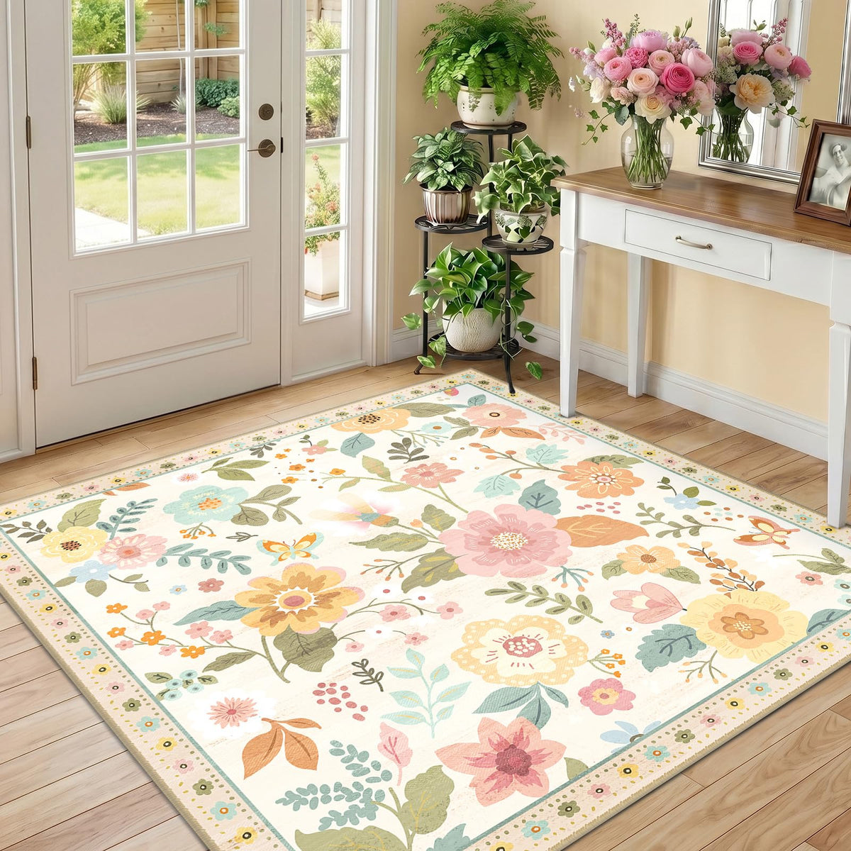 RELEANY Floral Washable 5x7 Area Rugs Black