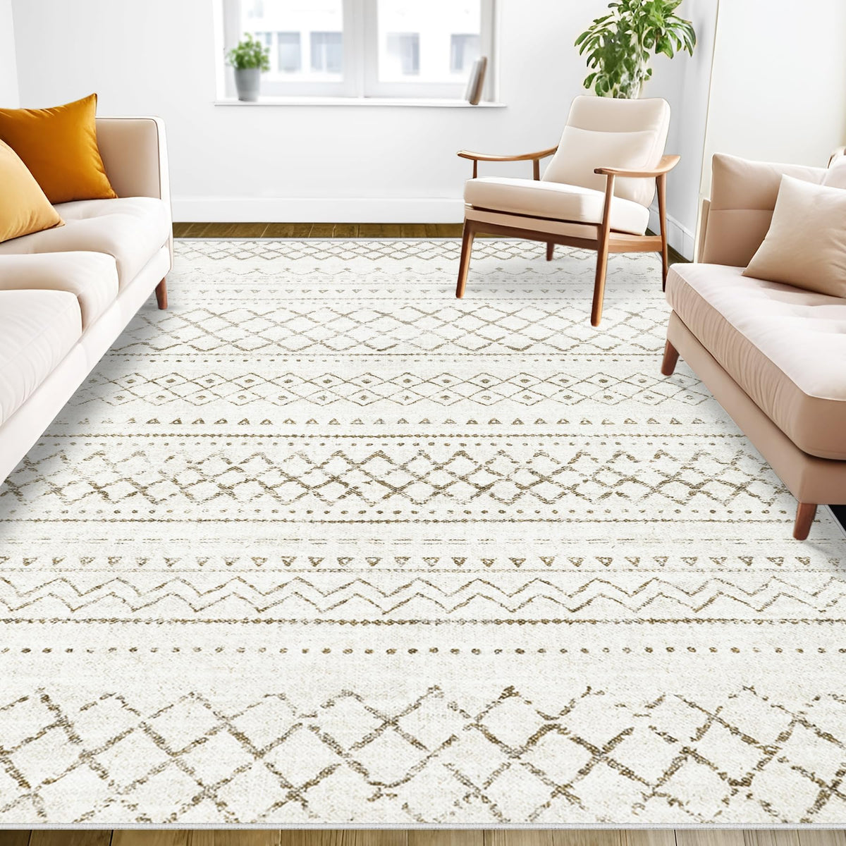 Area Rug for Living Room 6x9: Large Washable Boho Moroccan Rugs Geometric Neutral Rug, Non-Slip Foldable Morden Farmhouse Indoor Floor Carpet for Bedroom Dining Table Home(Brown Green,6'x9')