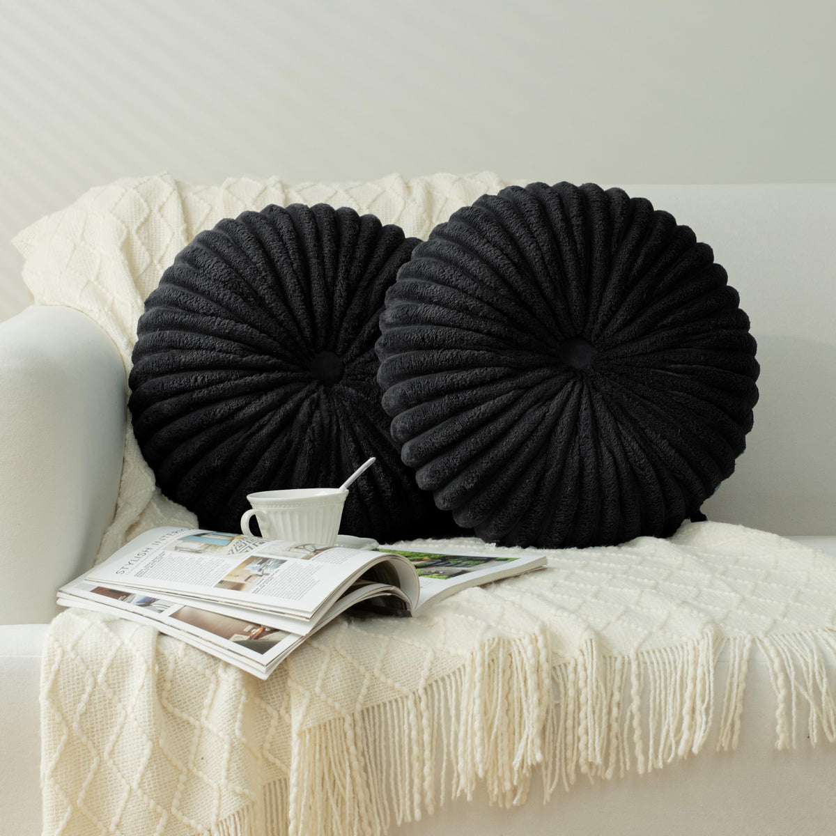 HIG Set of 2 Olive Velvet Decorative Round Pleated Throw Pillows