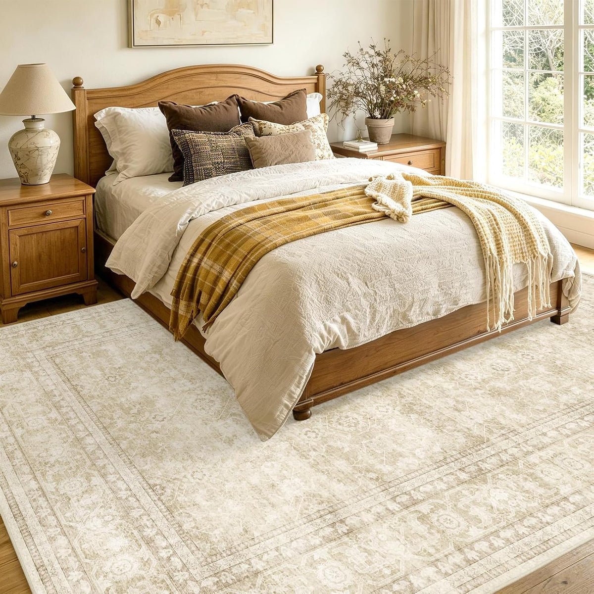 6x9 Ft Large Area Rugs for Living Room, Soft Non-Slip Machine Washable Rug, Vintage Stain Resistant Carpets for Bedroom Nursery Dining Room Home Decor (Beige)
