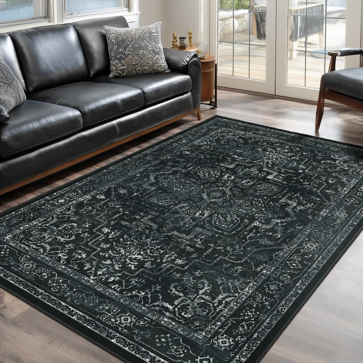 Vintage Dark Green Area Rugs 5x7 for Living Room, Tranditional Distressed Medallion Printed Low Pile Thin Rugs for Bedroom, Non Slip Washable Carpet Rugs for Dining Room/Kitchen/Home Office
