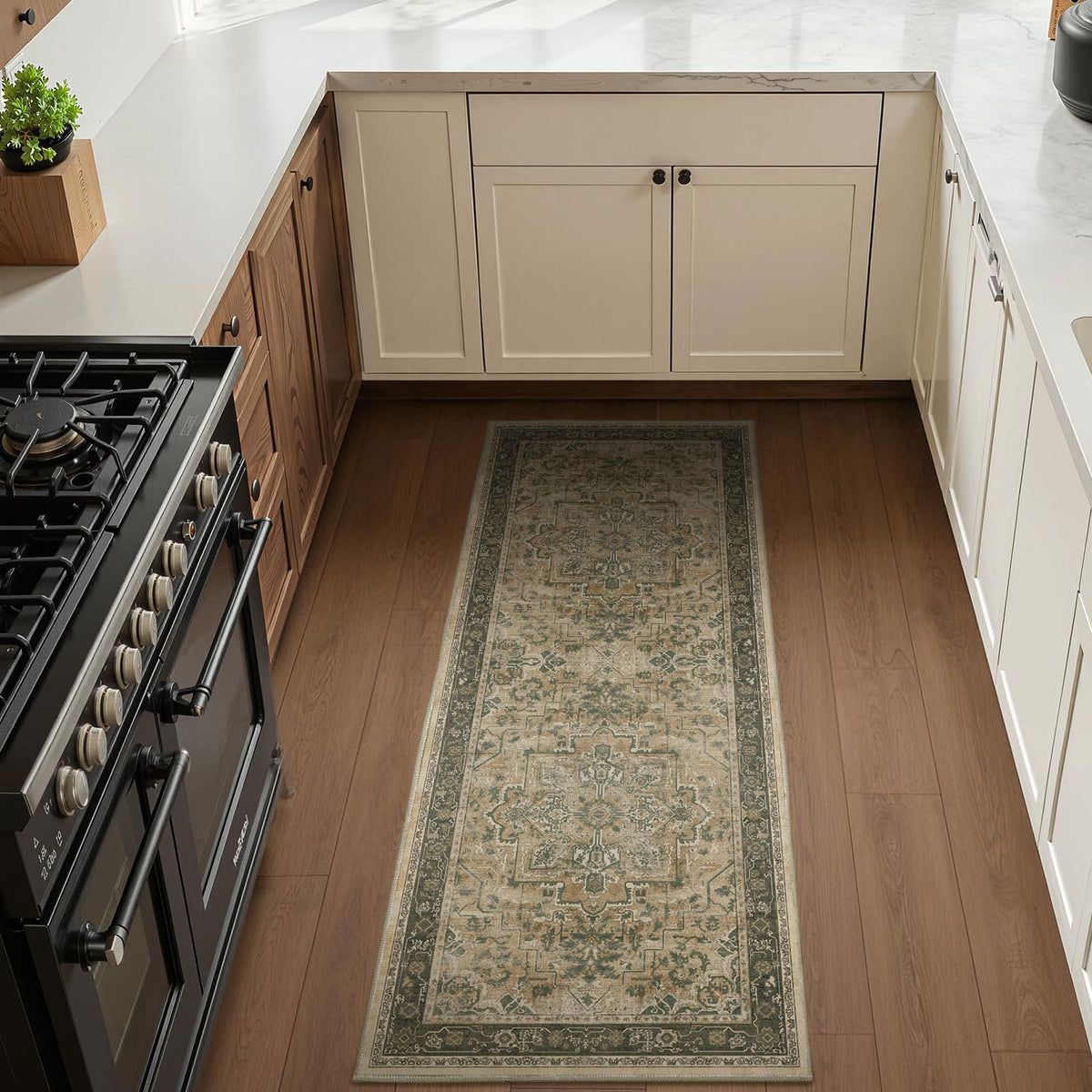 Vintage Dark Green Area Rugs 5x7 for Living Room, Tranditional Distressed Medallion Printed Low Pile Thin Rugs for Bedroom, Non Slip Washable Carpet Rugs for Dining Room/Kitchen/Home Office