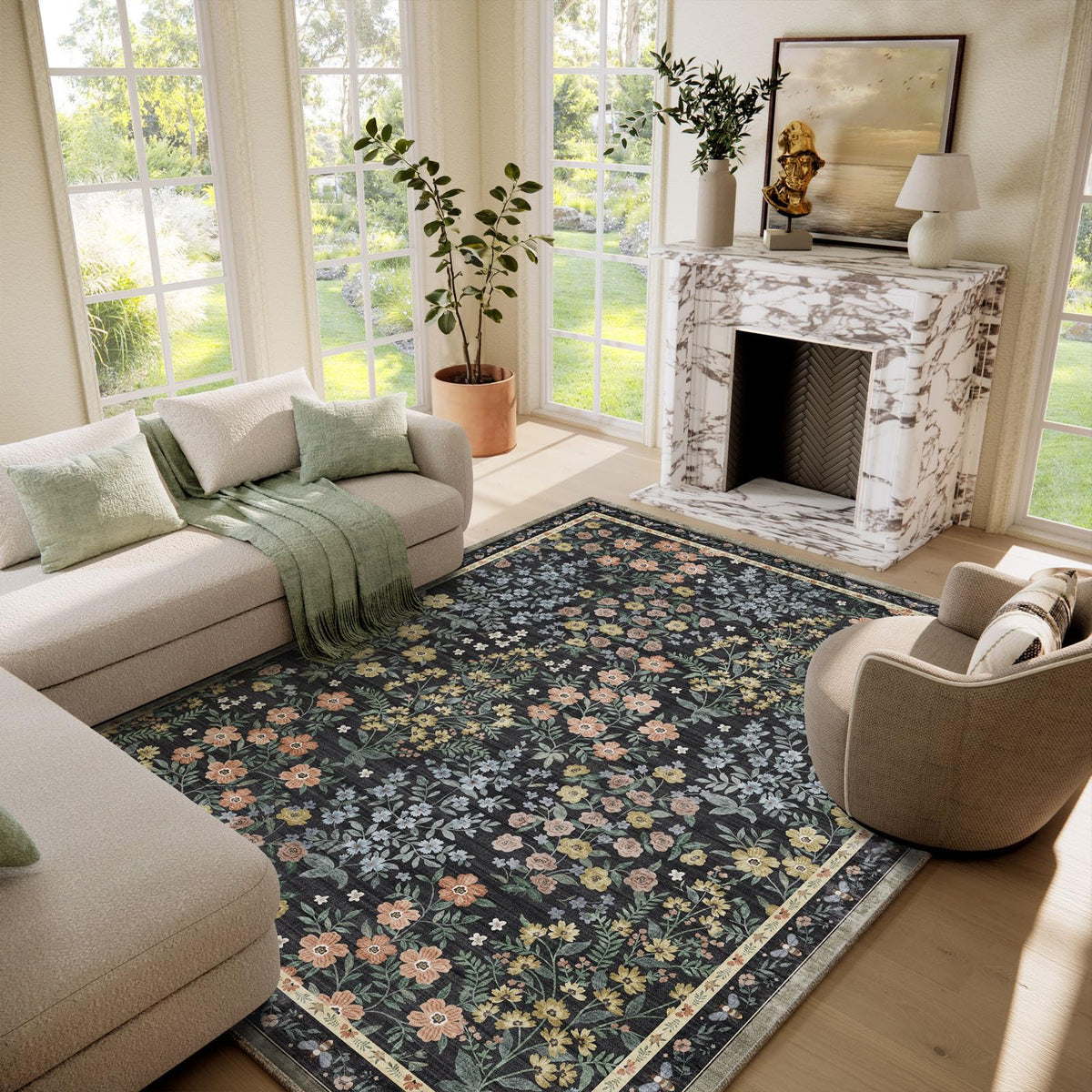 Washable Area Rugs for Living Room: 9x12 Area Rug for Bedroom Vintage Stain Resistant Non Slip Low Pile Lightweight Soft Carpet for Kitchen Dining Room Farmhouse Kids Room Nursery