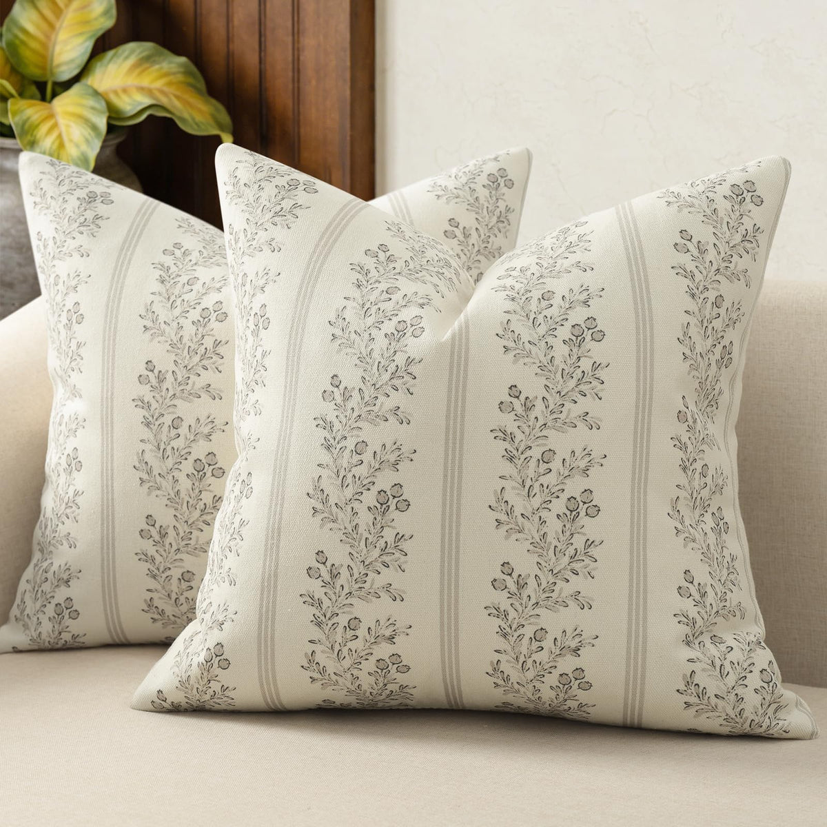 Vintage Throw Pillow Covers 18x18 Set of 2, Striped Floral Pillow Cover Botanical Patterned Decorative Cushion Covers Modern Farmhouse Home Decor for Sofa Couch Bed Living Room, Light Blue