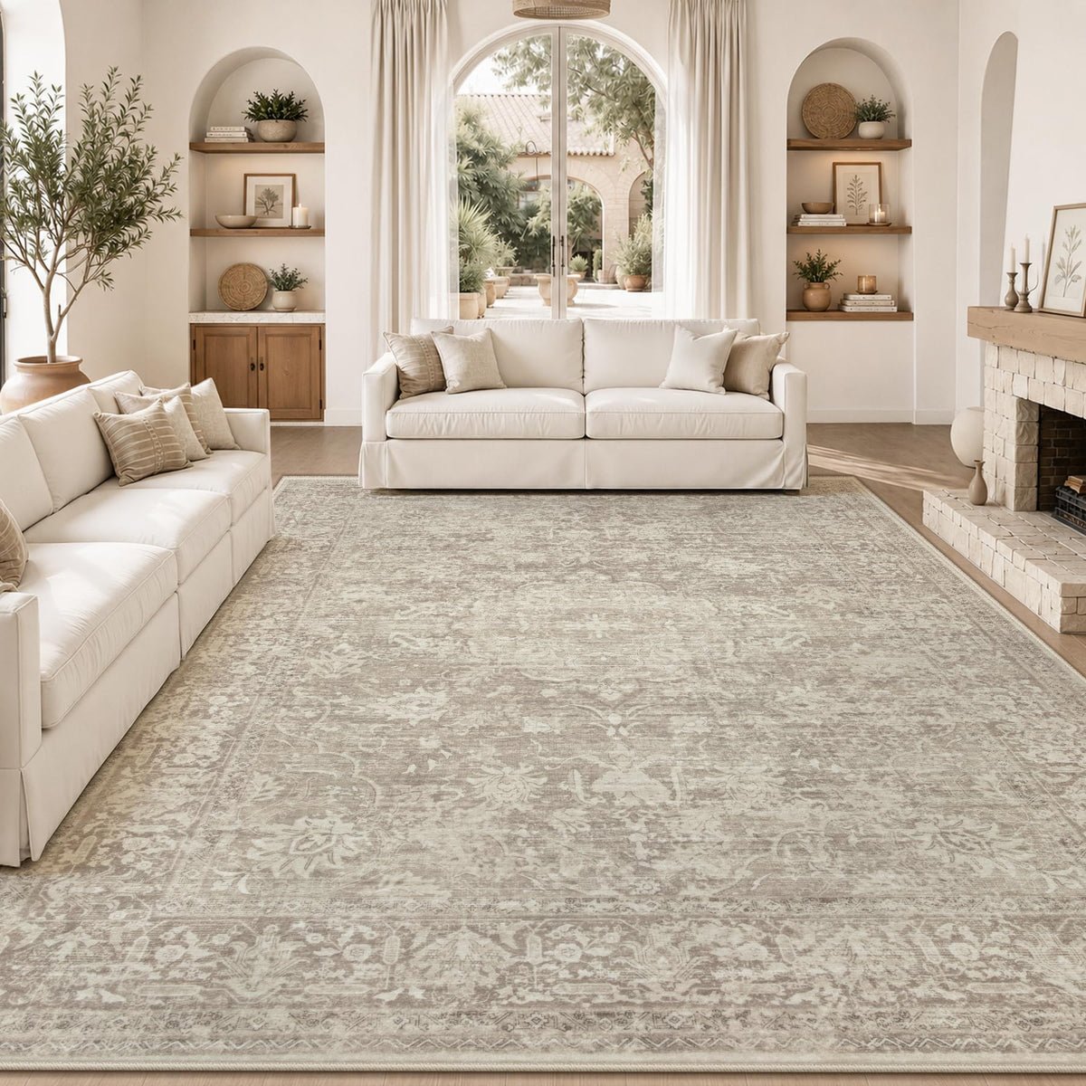 8x10 Area Rugs for Living Room: Washable Boho Vintage Floral Rug Large Soft Non-Slip Rugs Stain Resistant Low Pile Indoor Carpet for Bedroom Dining Room Nursery Home Office Beige