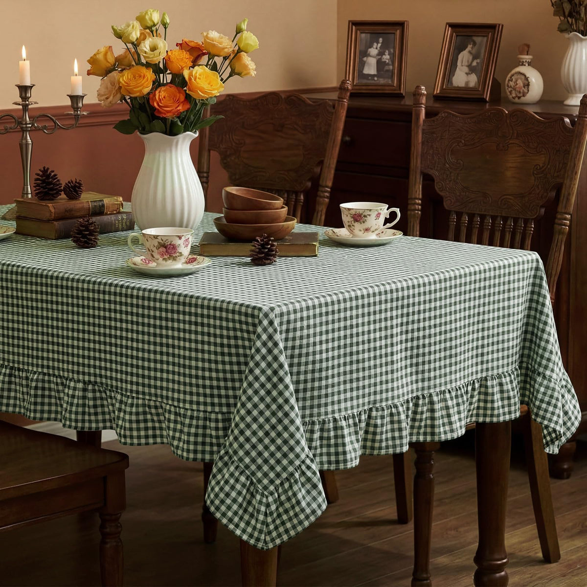 Mindsoft Brown Ruffled Gingham Tablecloth, 52 x 70 Inches, Rectangle