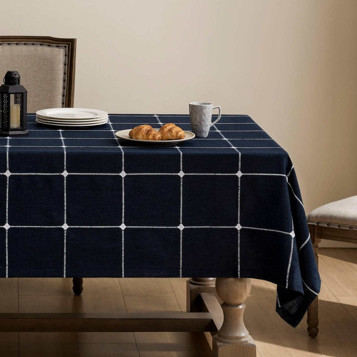 ZeeMart Grid Embroidered Rectangle Hemmed Tablecloths 60x120in, Blue