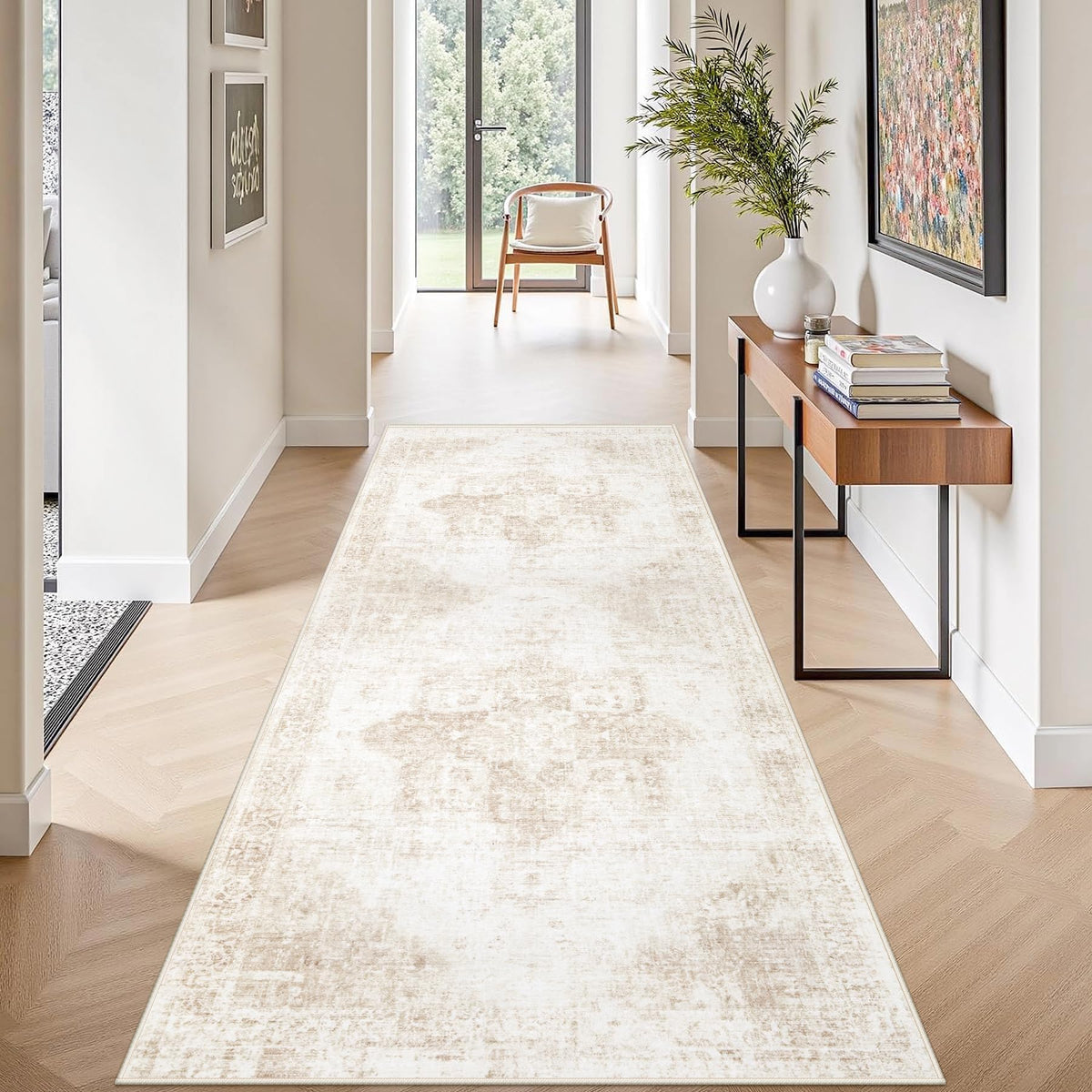 Area Rug 8x10 Washable Rug, Vintage Boho Medallion Rugs Non-Slip Soft Low Pile Large Distressed Rug Indoor Retro Carpet for Living Room Bedroom Dining Room Office Children's Room(Beige, 8'x10')