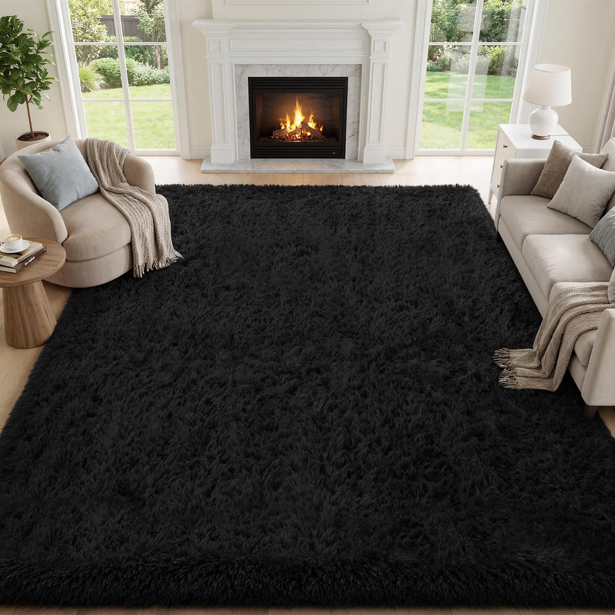 PLHXFR 8x10 Area Rugs Living Room: Fluffy Bedroom Soft Shag Rug Black Grey
