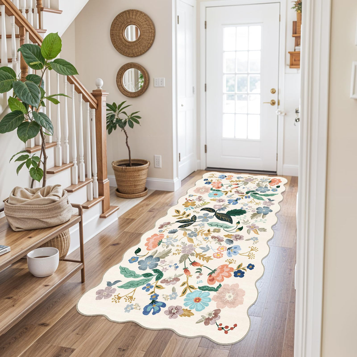 Hallway Washable Runner Rug - 2x10 Kitchen Rugs Entryway Rug Runner Vintage Soft Floor Mat Non Slip Indoor Farmhouse Carpet for Bathroom Living Room Bedroom (2 X 10, Beige)