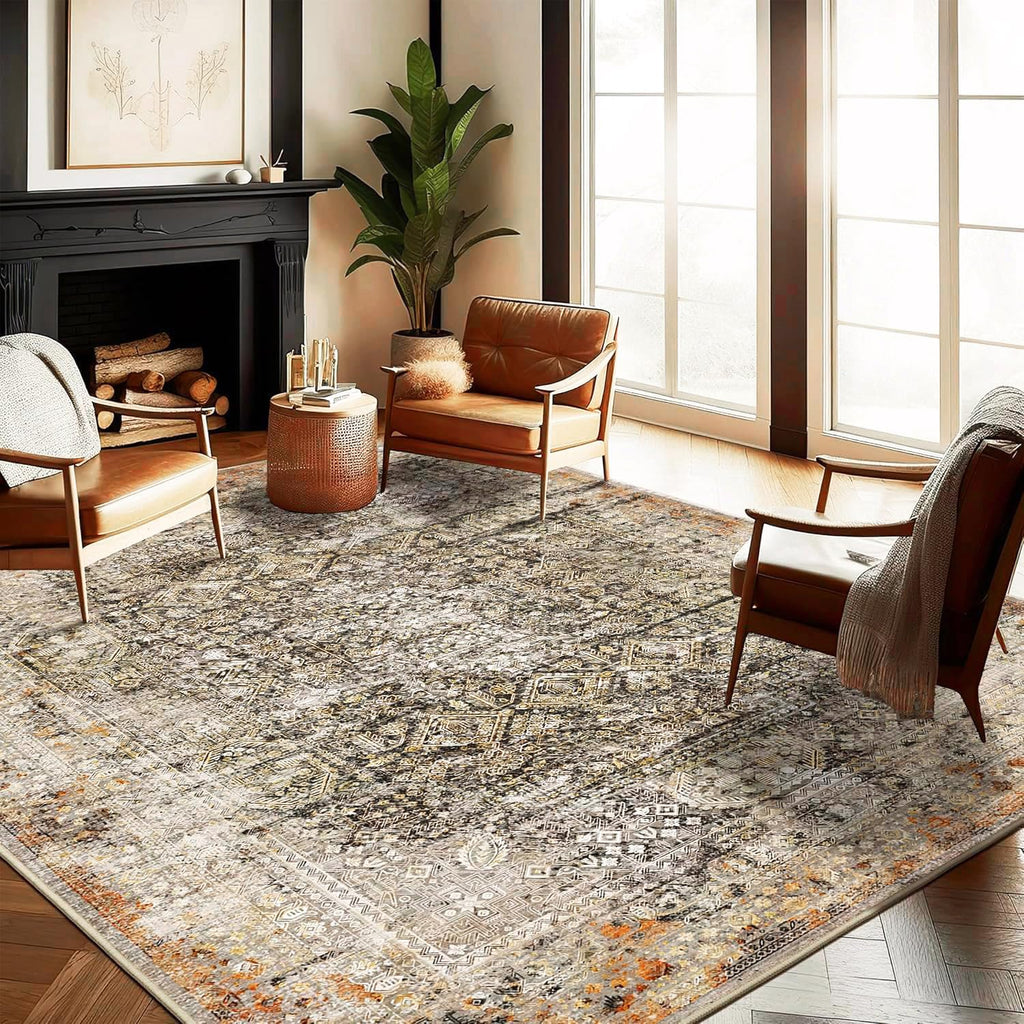 CHAMPLANT 6'x9' Washable Vintage Area Rug Boho Chic Medallion Distressed Design Non-Shedding Easy Care Ideal for High Traffic Areas in Living Room Bedroom Kitchen Office Large Carpet