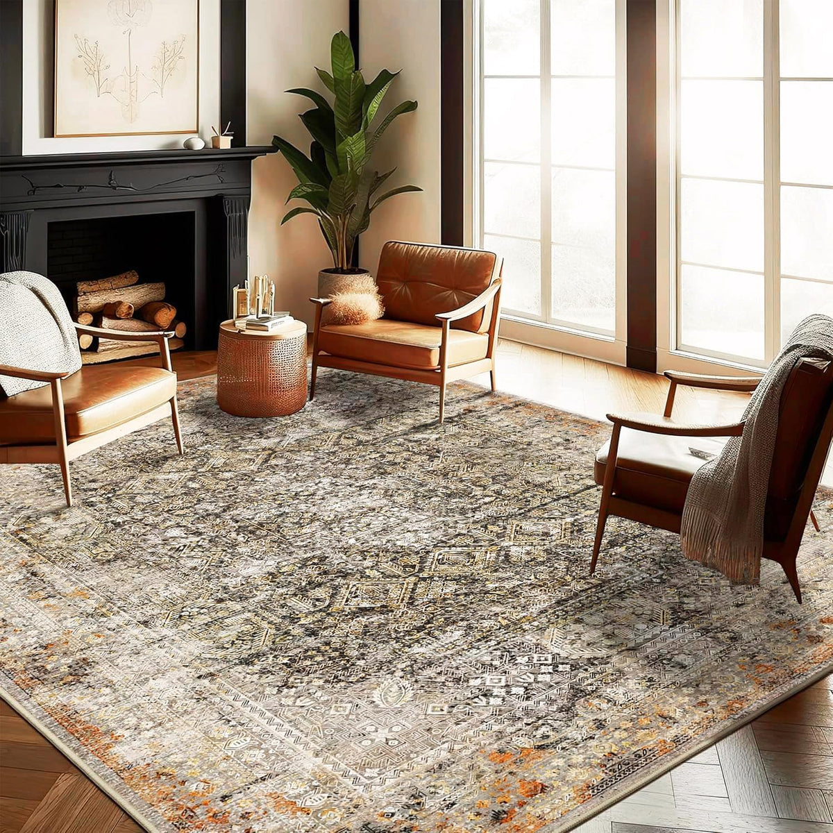 CHAMPLANT 6'x9' Washable Vintage Area Rug Boho Chic Medallion Distressed Design Non-Shedding Easy Care Ideal for High Traffic Areas in Living Room Bedroom Kitchen Office Large Carpet