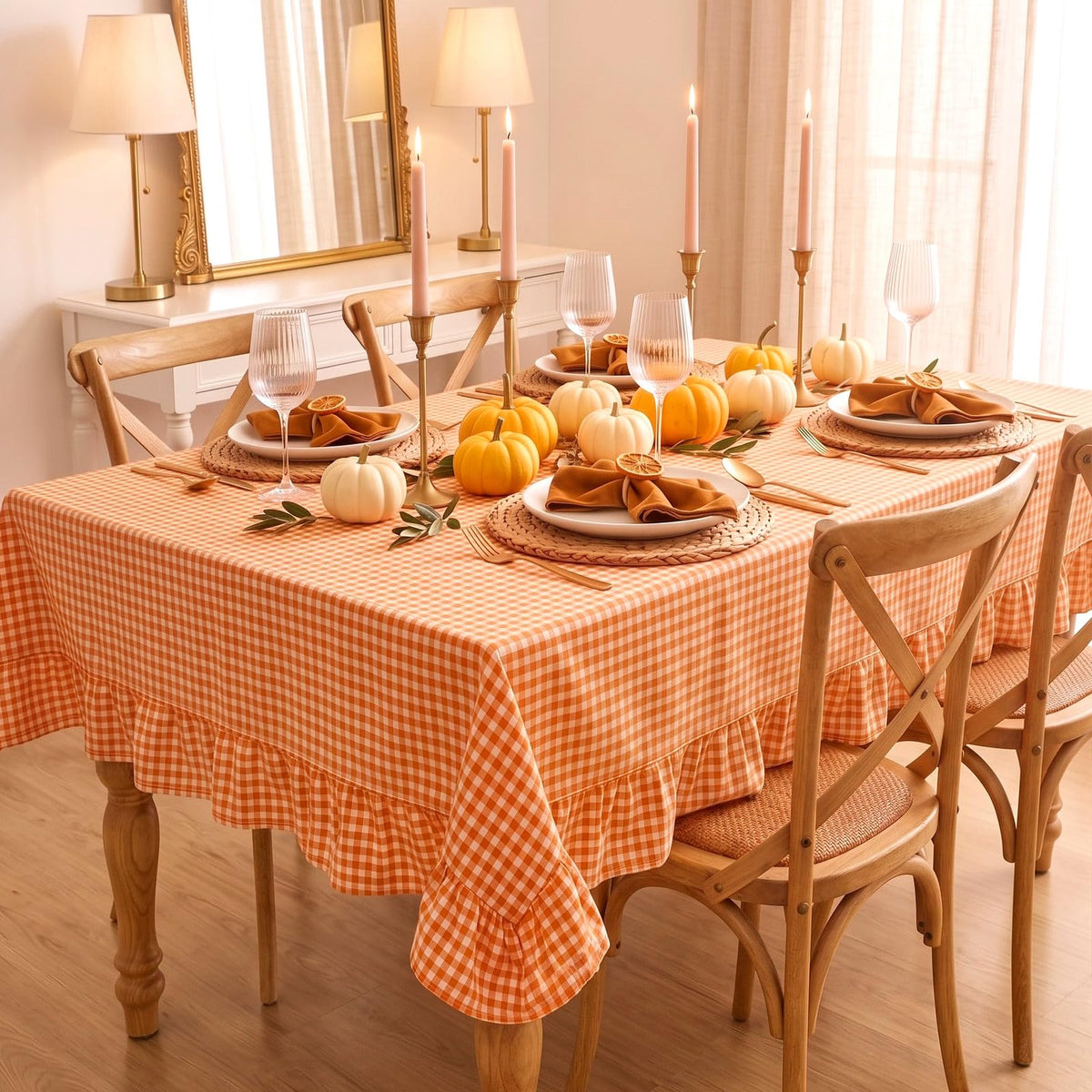 Mindsoft Brown Ruffled Gingham Tablecloth, 52 x 70 Inches, Rectangle