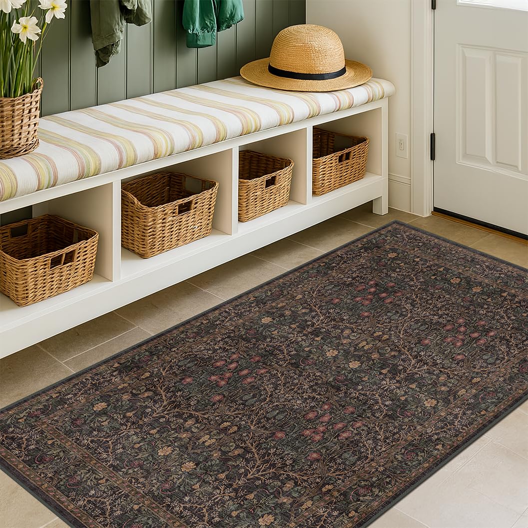 Vintage Floral Dark Green 3x5 Area Rugs for Entryway, Kitchen, Bedroom Beside Rug, Laundry Room, Non-Slip Low Pile Ultra Soft Stain Resistant Small Carpet