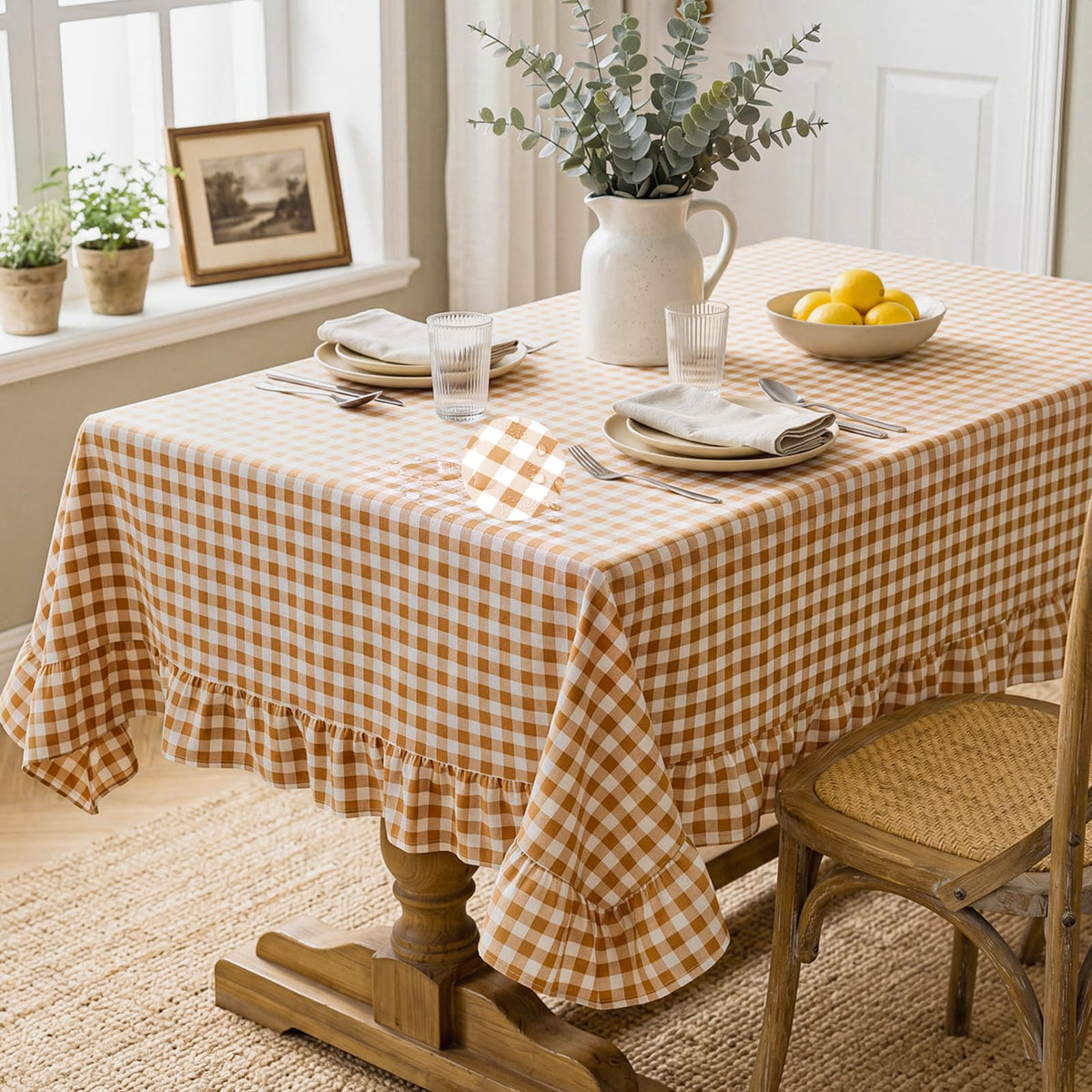 Mindsoft Brown Ruffled Gingham Tablecloth, 52 x 70 Inches, Rectangle