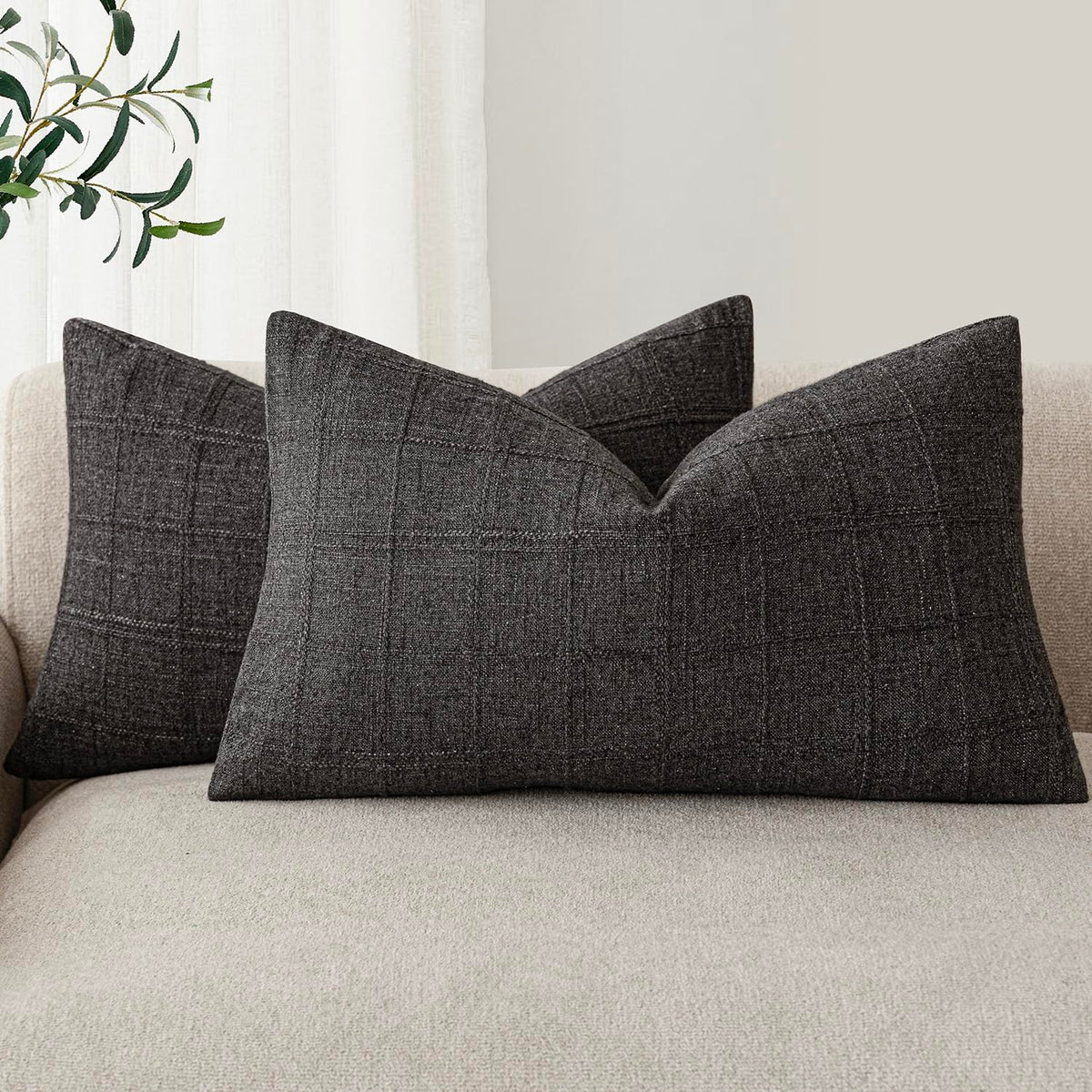 Foindtower Boho Linen Check Decorative Throw Pillow Cover 20×20 Olive Green