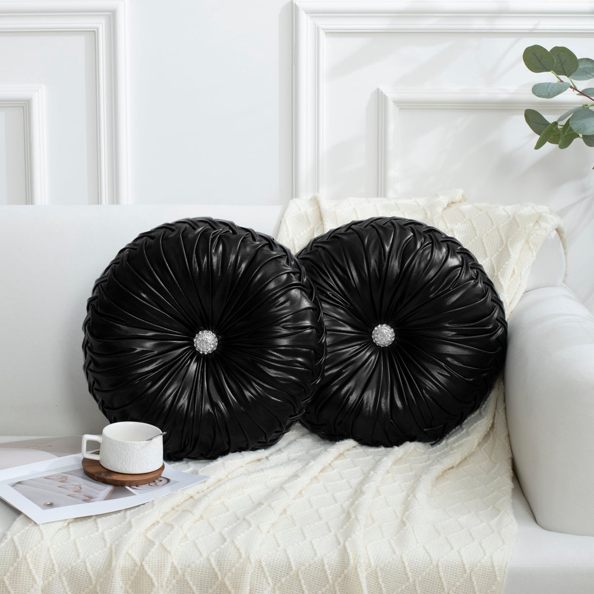 HIG Set of 2 Olive Velvet Decorative Round Pleated Throw Pillows