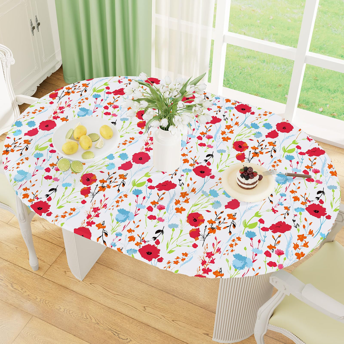 misaya Round Fitted Tablecloth with Elastic Edge, 100% Waterproof Oil Proof Plastic Table Cover, Vinyl Flannel Backed Tablecloth Fits 36"-44" Round Tables for Dinner, Outdoor, Picnic, Flowers