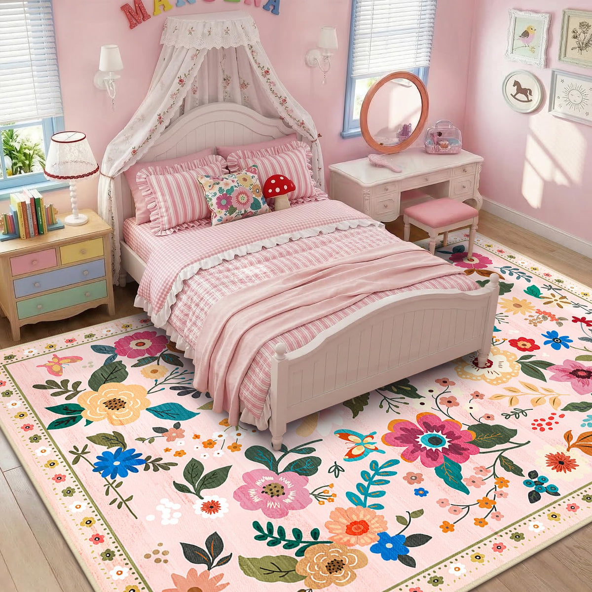 RELEANY Floral Washable 5x7 Area Rugs Black