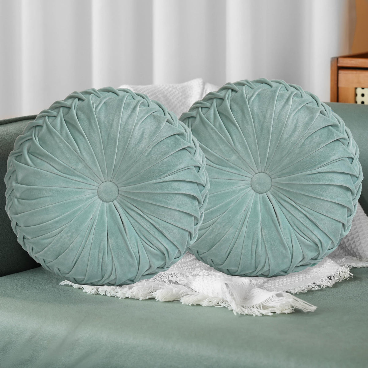 HIG Set of 2 Olive Velvet Decorative Round Pleated Throw Pillows