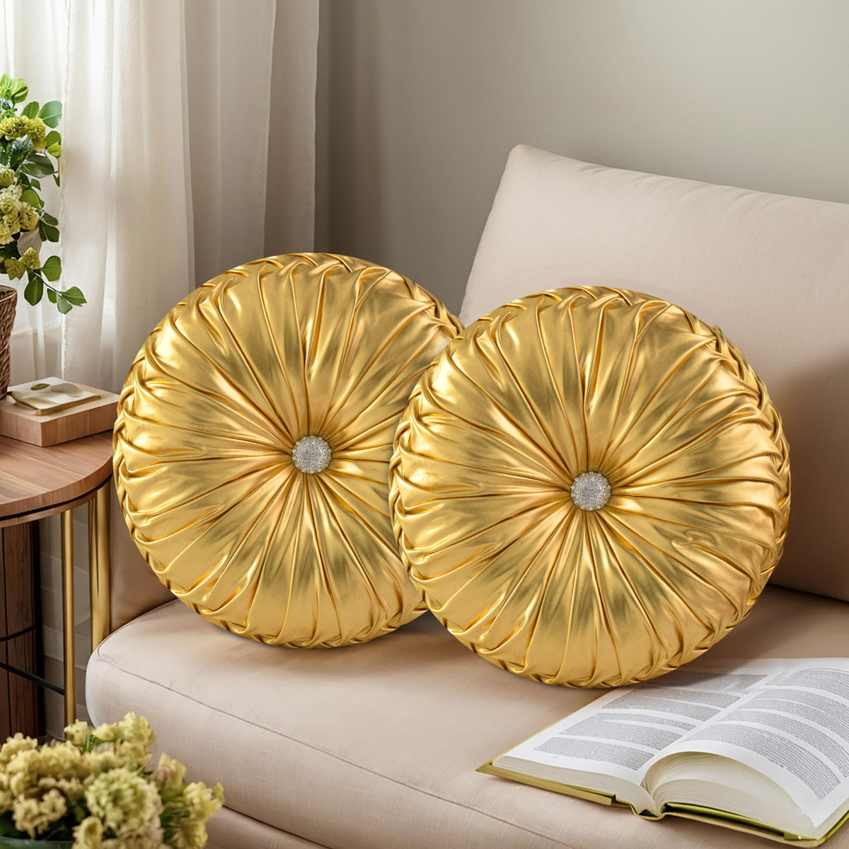 HIG Set of 2 Olive Velvet Decorative Round Pleated Throw Pillows