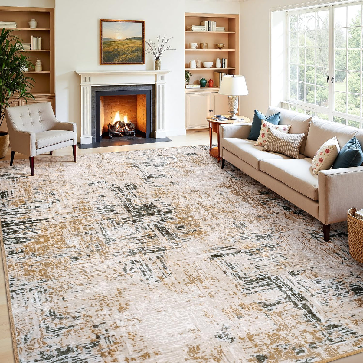Rugflix 8x10 Area Rugs for Living Room, Washable Large Rug Stain-Resistant Low Pile, Modern Dark Carpet for Dining Room Home Office Kid Room Nursery Bedroom, Navy Blue/Black