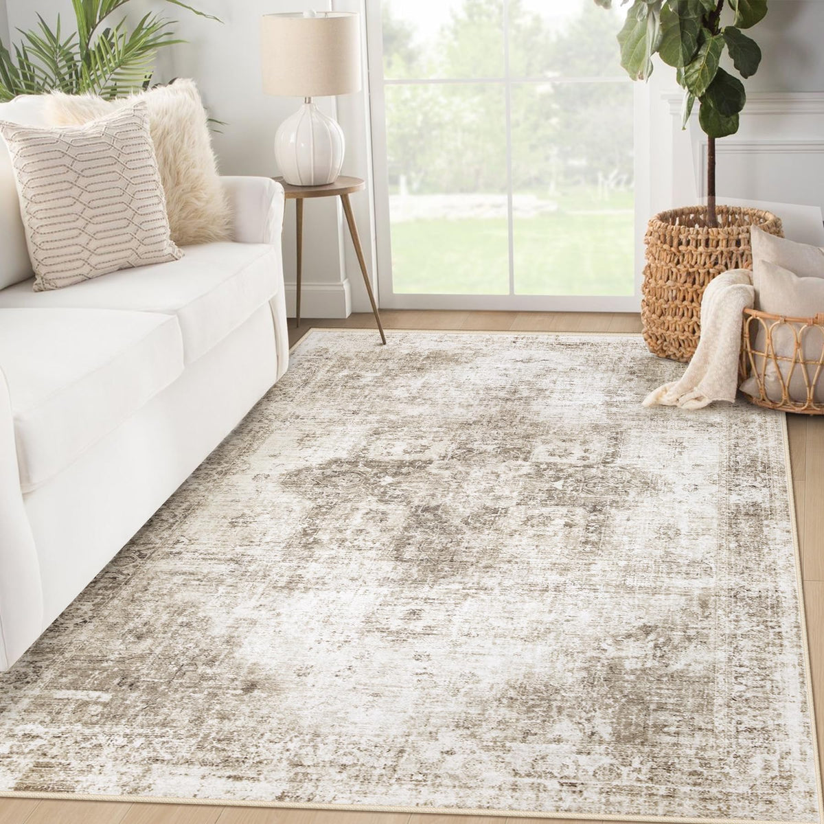 Area Rug 8x10 Washable Rug, Vintage Boho Medallion Rugs Non-Slip Soft Low Pile Large Distressed Rug Indoor Retro Carpet for Living Room Bedroom Dining Room Office Children's Room(Beige, 8'x10')