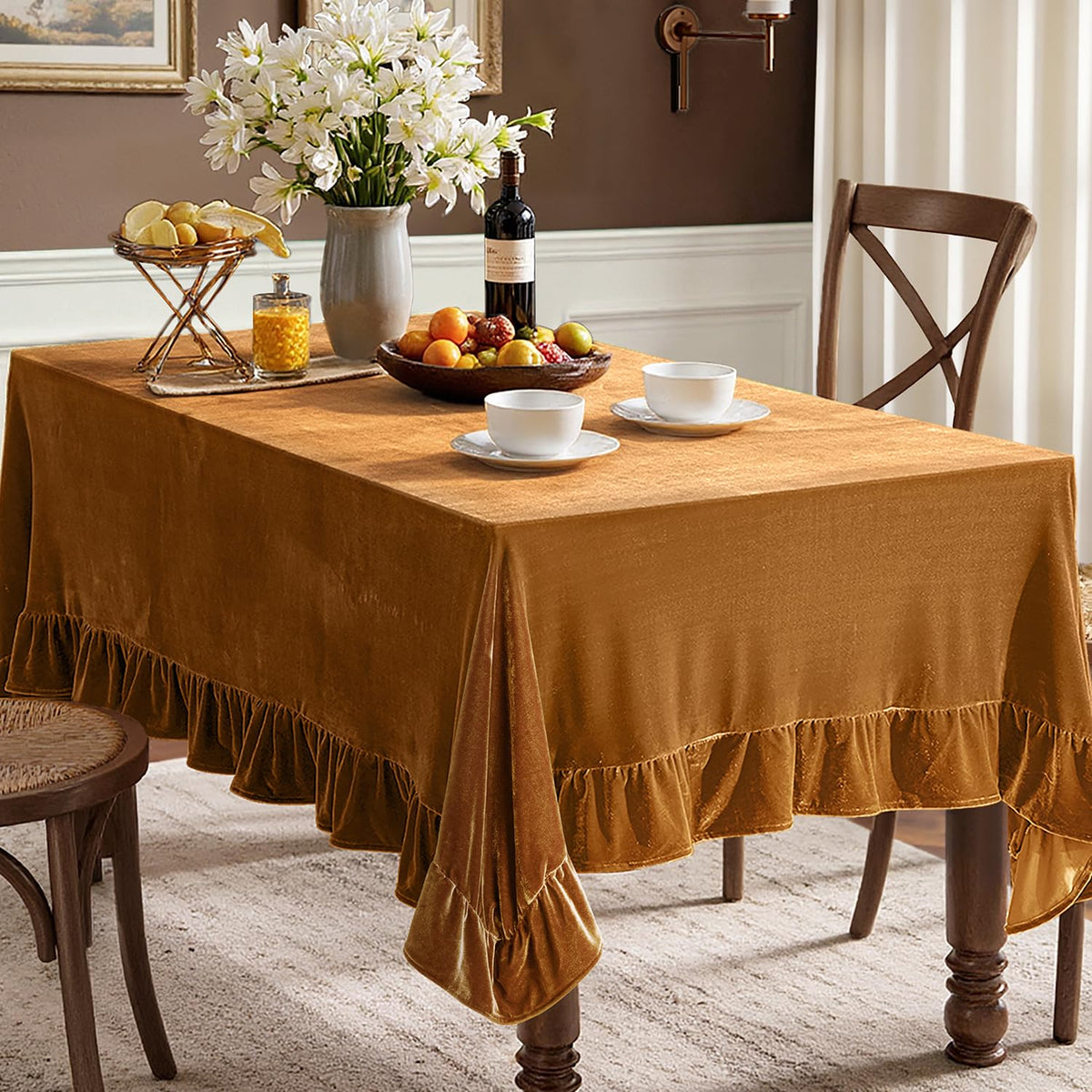 MIULEE Velvet Tablecloth with Decorative Ruffle 60x120 Inch Olive Green