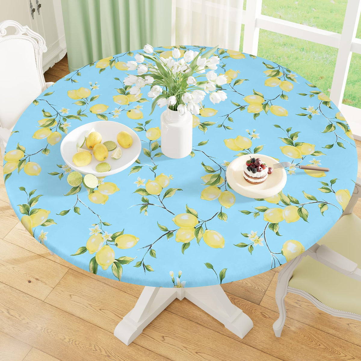 misaya Round Fitted Tablecloth with Elastic Edge, 100% Waterproof Oil Proof Plastic Table Cover, Vinyl Flannel Backed Tablecloth Fits 36"-44" Round Tables for Dinner, Outdoor, Picnic, Flowers