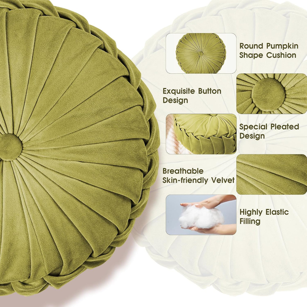 ROSE&RISY Round Pleated Velvet Throw Pillow, 1 Pack Decorative Accent Pumpkin Pillow Cushion for Couch Sofa Bed, Soft Plush Retro Vanity Throw Pillows for Home Decor, 14.5 Inch, Olive Green