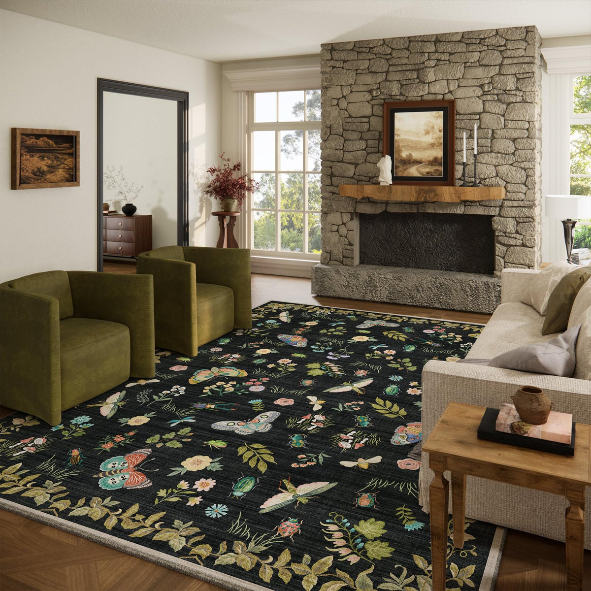 Washable Area Rugs for Living Room: 9x12 Area Rug for Bedroom Vintage Stain Resistant Non Slip Low Pile Lightweight Soft Carpet for Kitchen Dining Room Farmhouse Kids Room Nursery