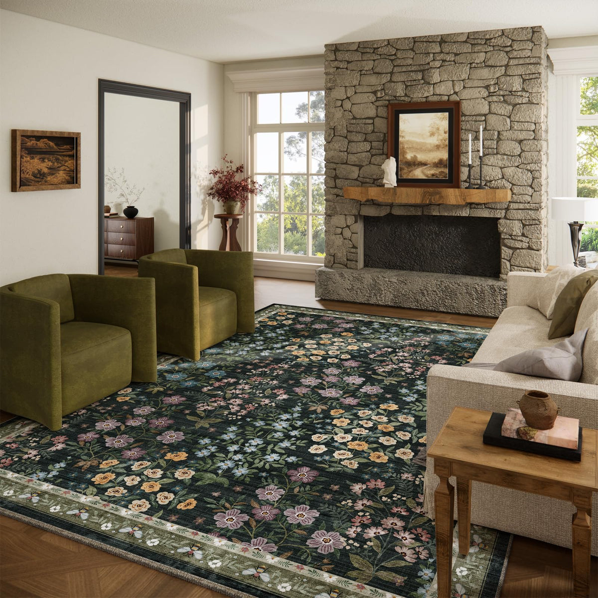 Washable Area Rugs for Living Room: 9x12 Area Rug for Bedroom Vintage Stain Resistant Non Slip Low Pile Lightweight Soft Carpet for Kitchen Dining Room Farmhouse Kids Room Nursery