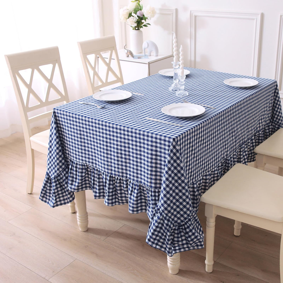 Blush White Gingham Ruffled Table Cloth Rectangular 120“x60”