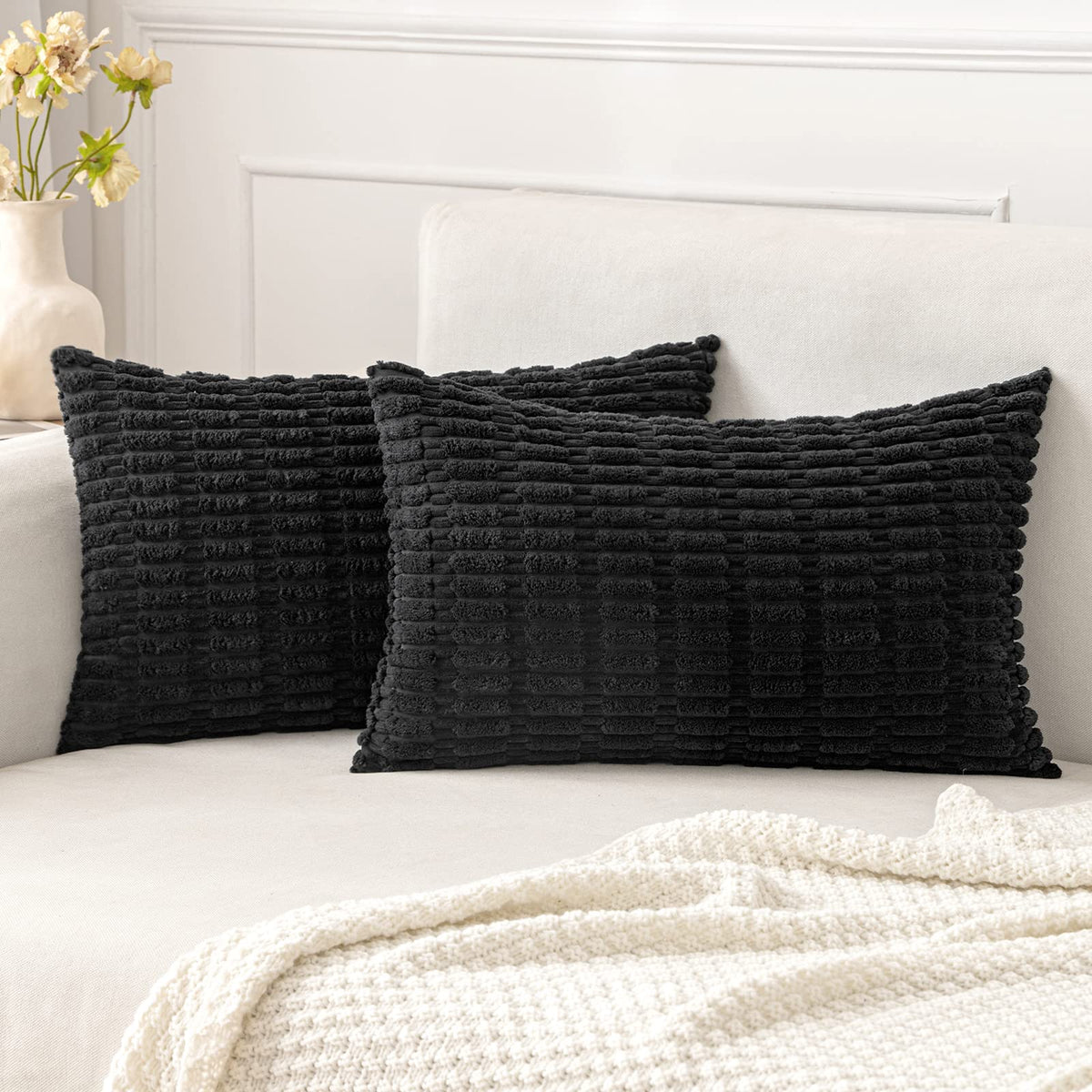 MIULEE Corduroy Decorative Throw Pillow Covers 18x18 Cream White Pack of 2