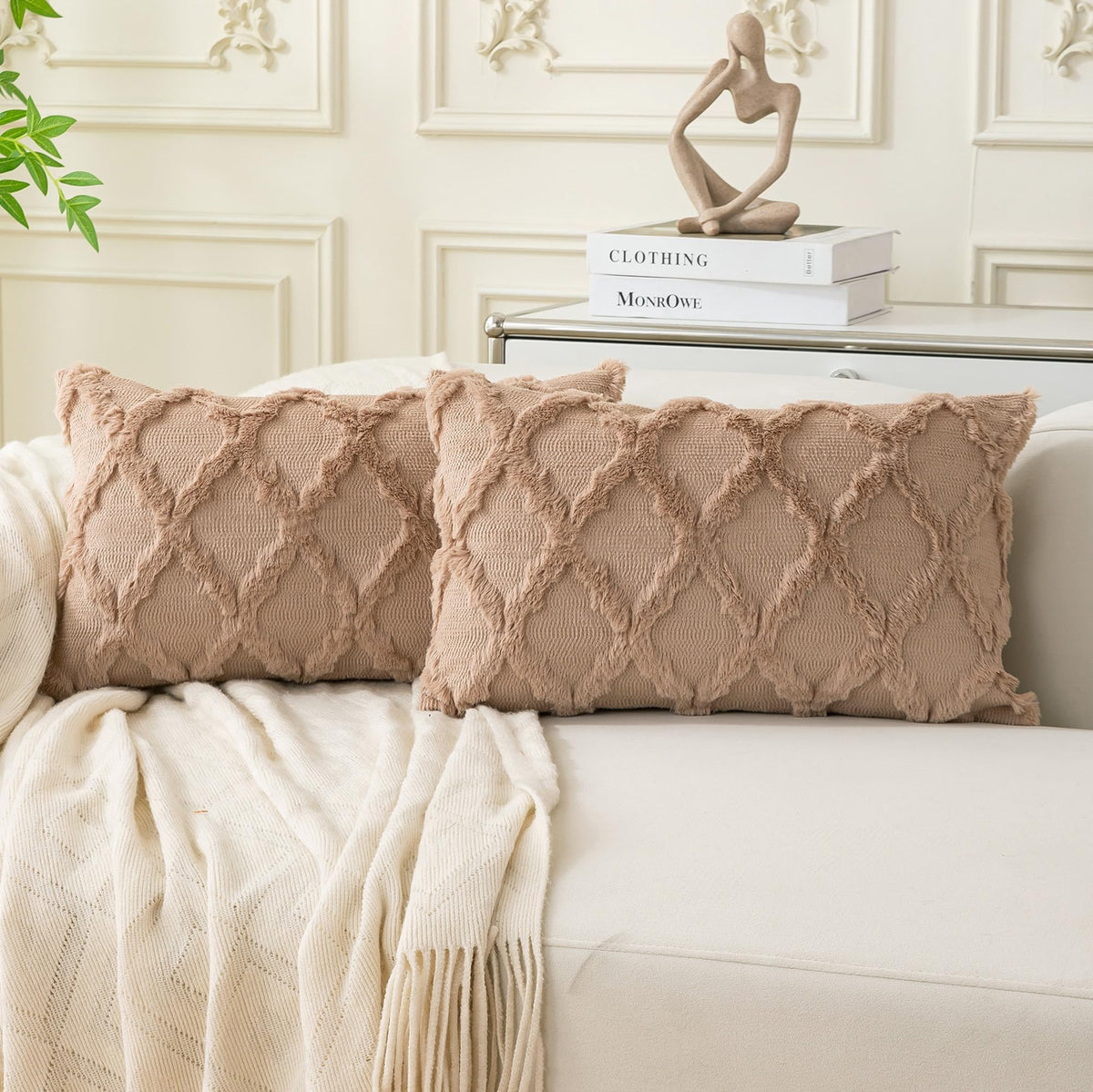 Set of 2 Soft Moroccan Throw Pillow Covers 18x18 Inch Plush Boho Decorative Pillow Cover Accent Cushion Case for Couch Sofa Bed, Beige