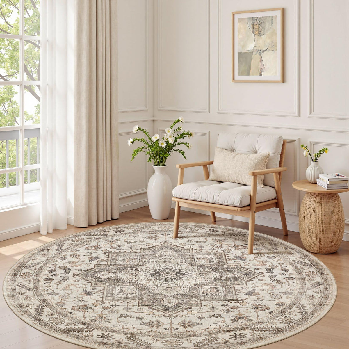cotiled 5x7 Area Rug for Living Room, Washable, Traditional, Beige