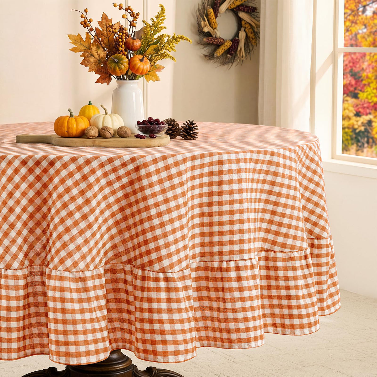 Romanstile Gingham Ruffled Tablecloth Rectangle, 60 x 84 Inch, Sage Green