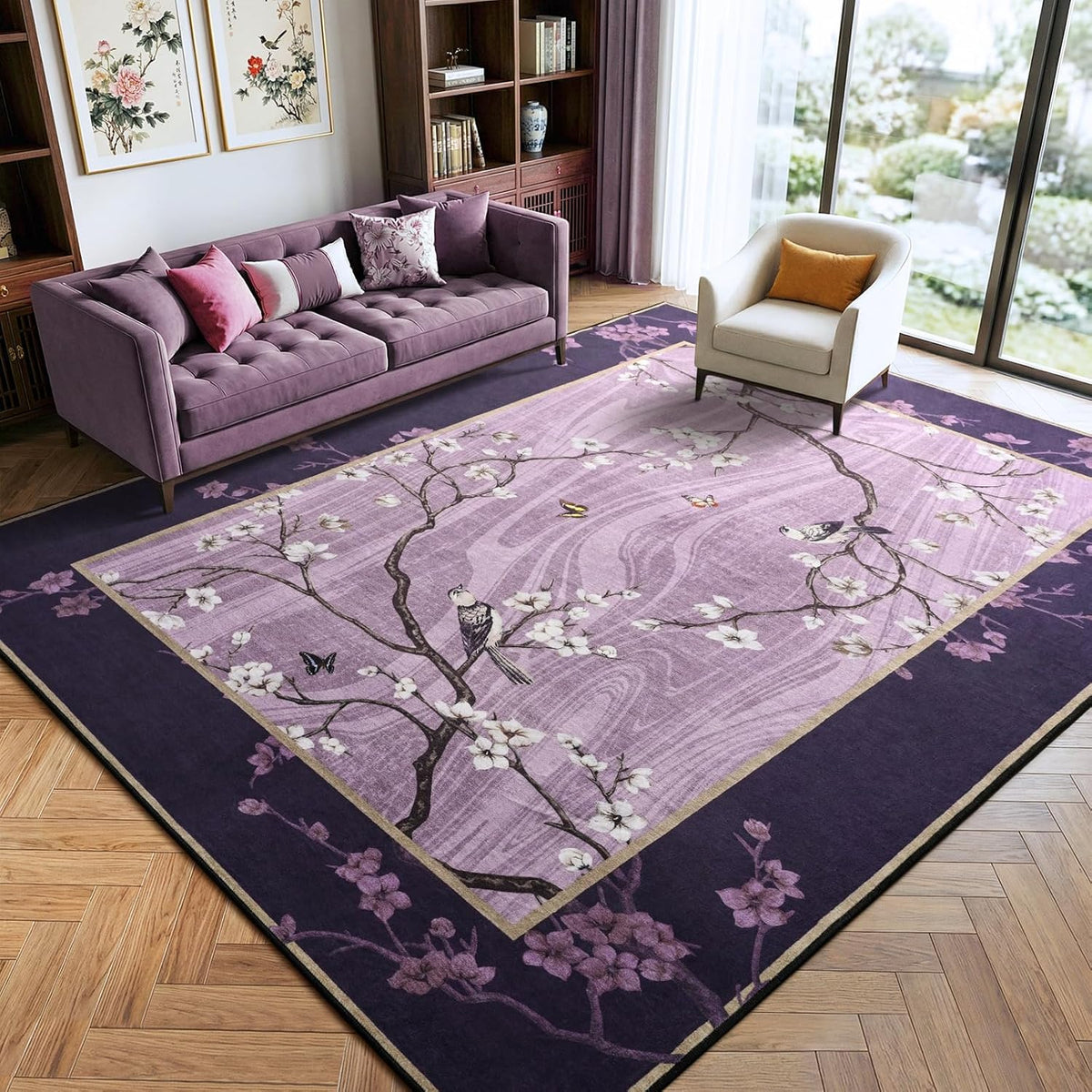 4x6 Purple Oriental Floral Bird Butterfly Throw Area Rug