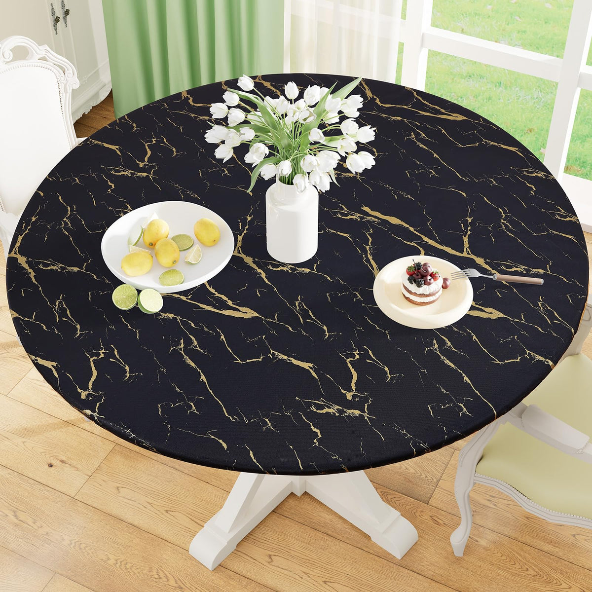 misaya Round Fitted Tablecloth with Elastic Edge, 100% Waterproof Oil Proof Plastic Table Cover, Vinyl Flannel Backed Tablecloth Fits 36"-44" Round Tables for Dinner, Outdoor, Picnic, Flowers