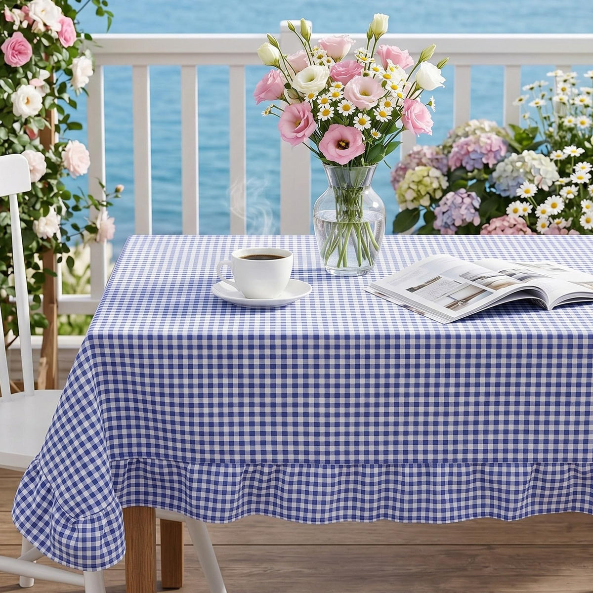 Mindsoft Brown Ruffled Gingham Tablecloth, 52 x 70 Inches, Rectangle