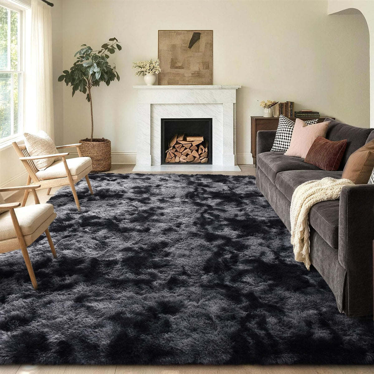 5x8 Area Rugs For Living Room Fluffy Black Rug For Bedroom (Black)