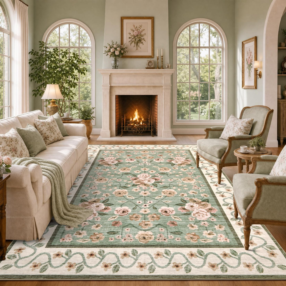 Garvee Beige Floral 5x7 Area Rug for Bedroom Living Room
