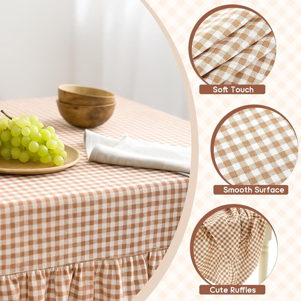 Mindsoft Brown Ruffled Gingham Tablecloth, 52 x 70 Inches, Rectangle