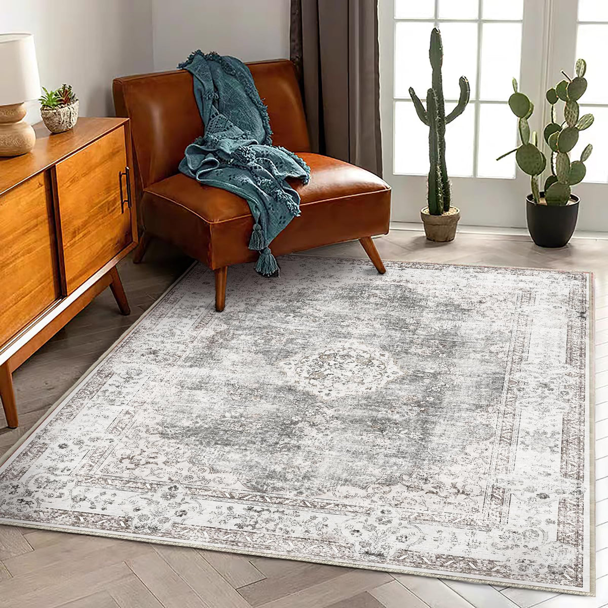 CHAMPLANT 6'x9' Washable Vintage Area Rug Boho Chic Medallion Distressed Design Non-Shedding Easy Care Ideal for High Traffic Areas in Living Room Bedroom Kitchen Office Large Carpet