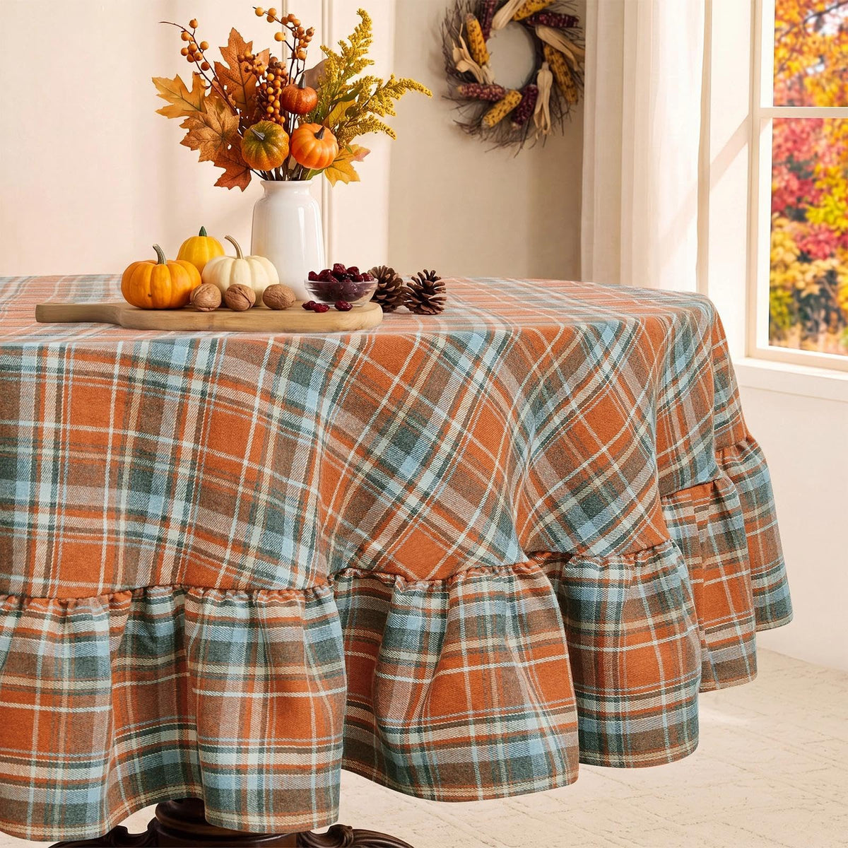 Romanstile Gingham Ruffled Tablecloth Rectangle, 60 x 84 Inch, Sage Green